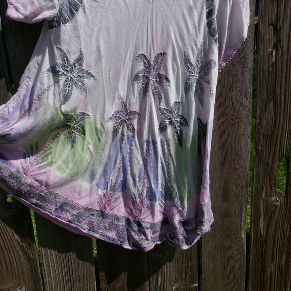 Sakkas Tunic Top One Size Boho Short Sleeve Palm Trees Crochet Trim Pink Blush - Picture 3 of 9